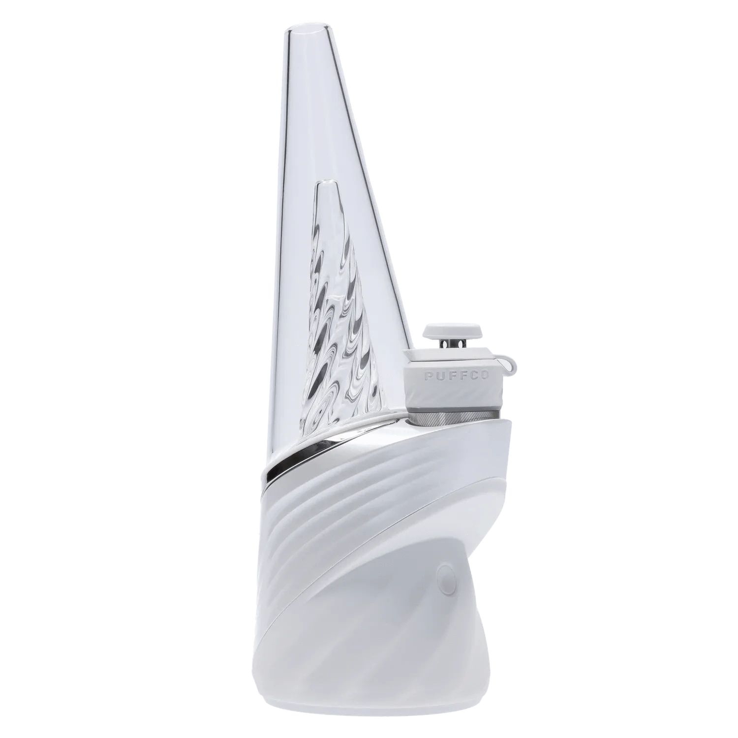 A slightly angled close-up of the Puffco Peak Pro - Pearl, showcasing its smooth, pearlescent finish and minimalist design.