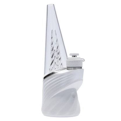 A slightly angled close-up of the Puffco Peak Pro - Pearl, showcasing its smooth, pearlescent finish and minimalist design.