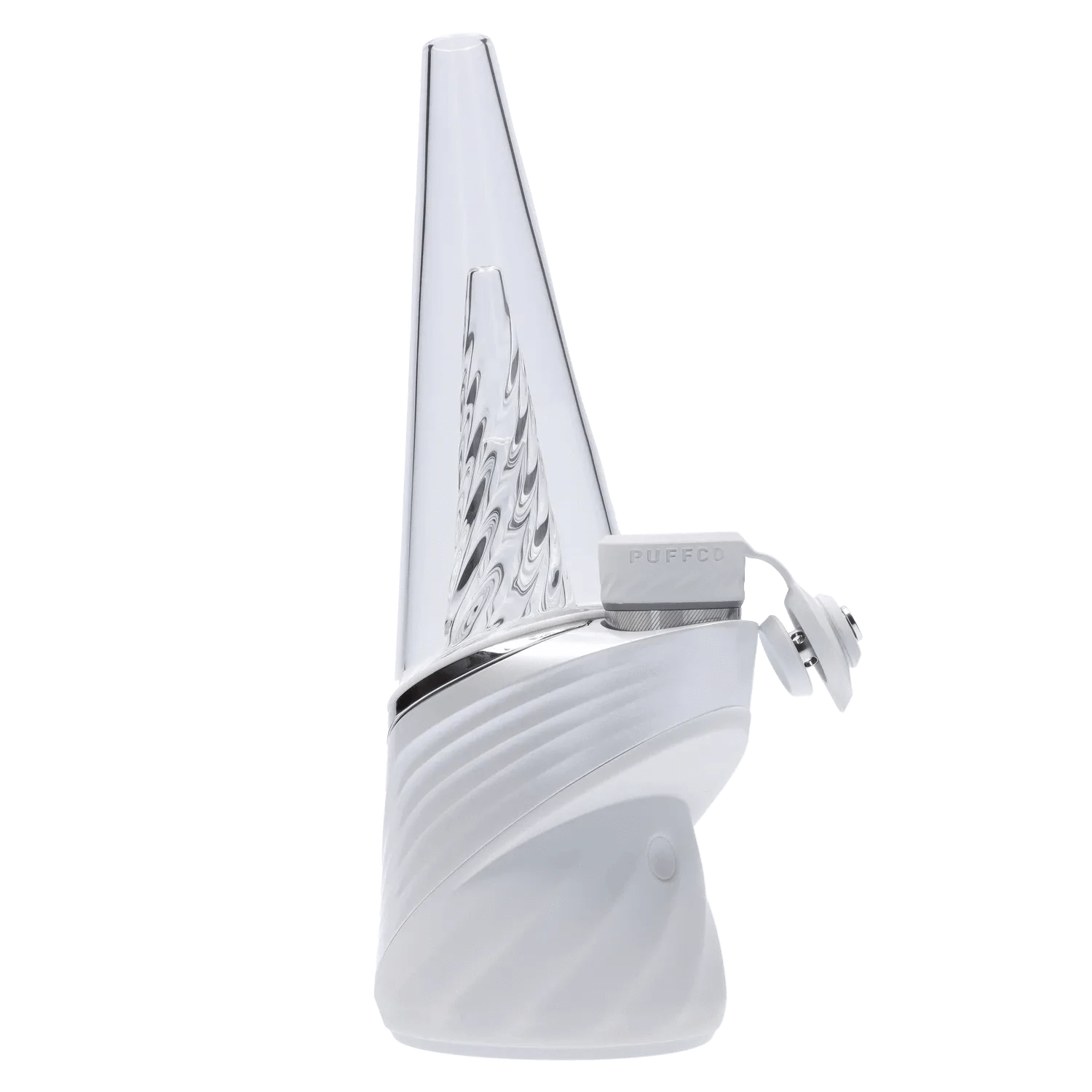 A front view of the Puffco Peak Pro - Pearl, showcasing its sleek, modern design and pearl finish.