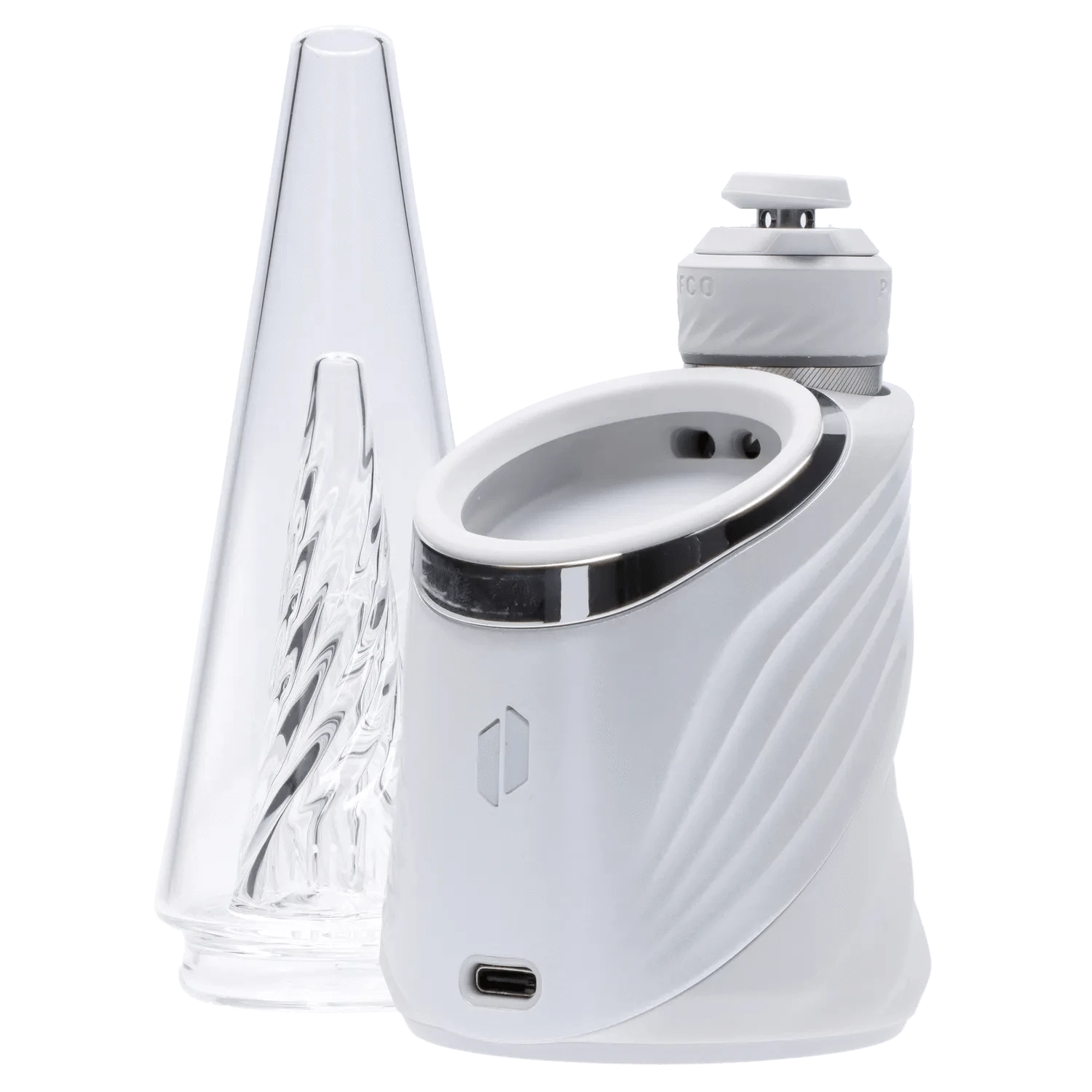 Front view of the Puffco Peak Pro - Pearl, showcasing its sleek, white design and clear glass bubbler.