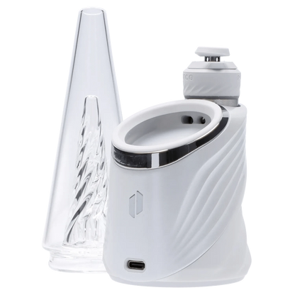 Front view of the Puffco Peak Pro - Pearl, showcasing its sleek, white design and clear glass bubbler.