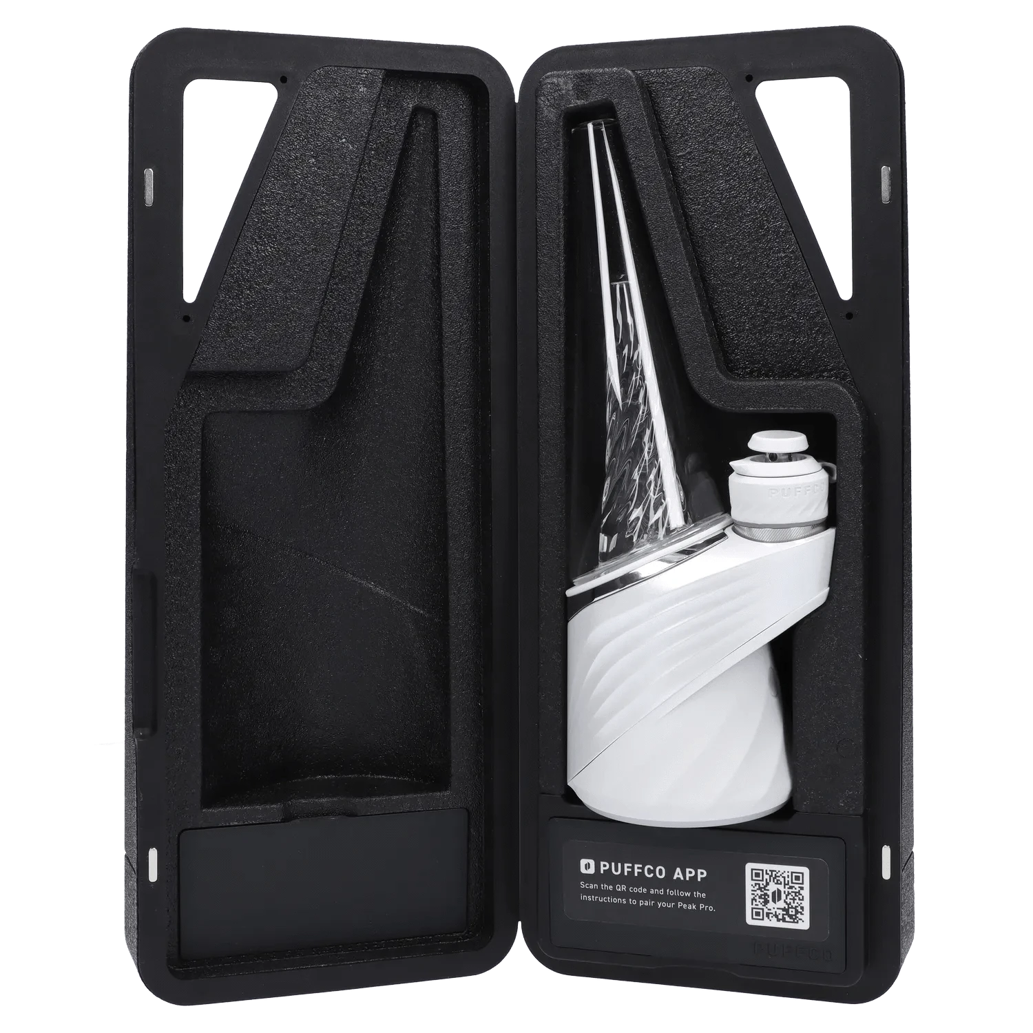 Front view of the Puffco Peak Pro - Pearl inside a black protective case, showcasing a sleek, modern design.