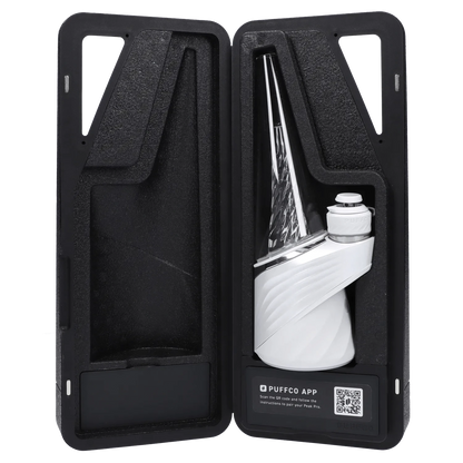 Front view of the Puffco Peak Pro - Pearl inside a black protective case, showcasing a sleek, modern design.