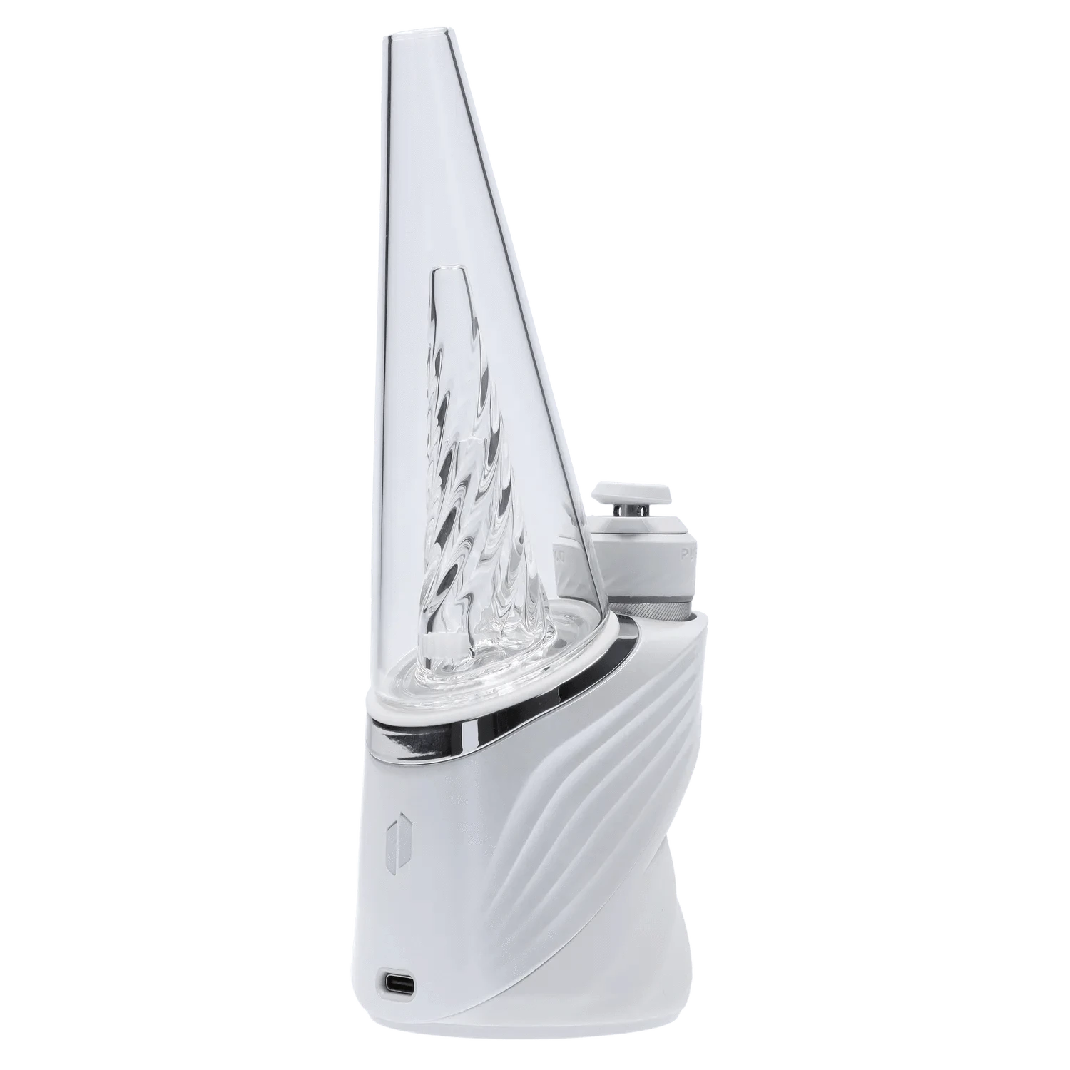 A close-up, angled view of the Puffco Peak Pro - Pearl, showcasing its clear glass and pearl-like finish.