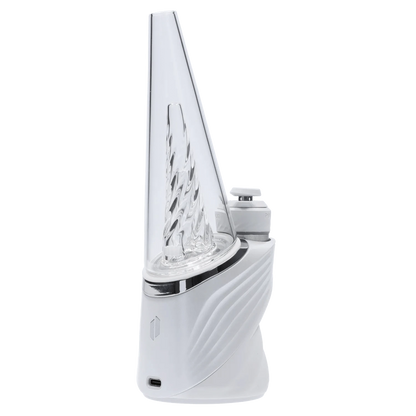 A close-up, angled view of the Puffco Peak Pro - Pearl, showcasing its clear glass and pearl-like finish.