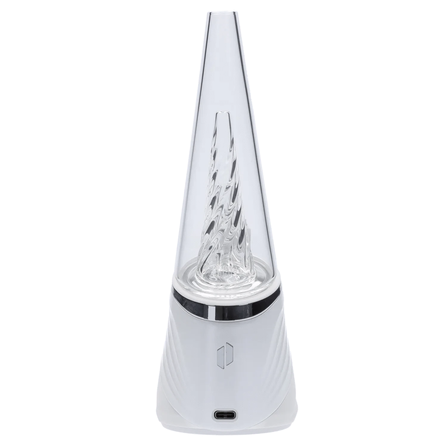 Front view of the Puffco Peak Pro - Pearl, showcasing a pearl-colored base and clear glass top with internal vapor pathways.