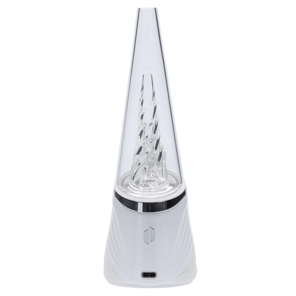 Front view of the Puffco Peak Pro - Pearl, showcasing a pearl-colored base and clear glass top with internal vapor pathways.