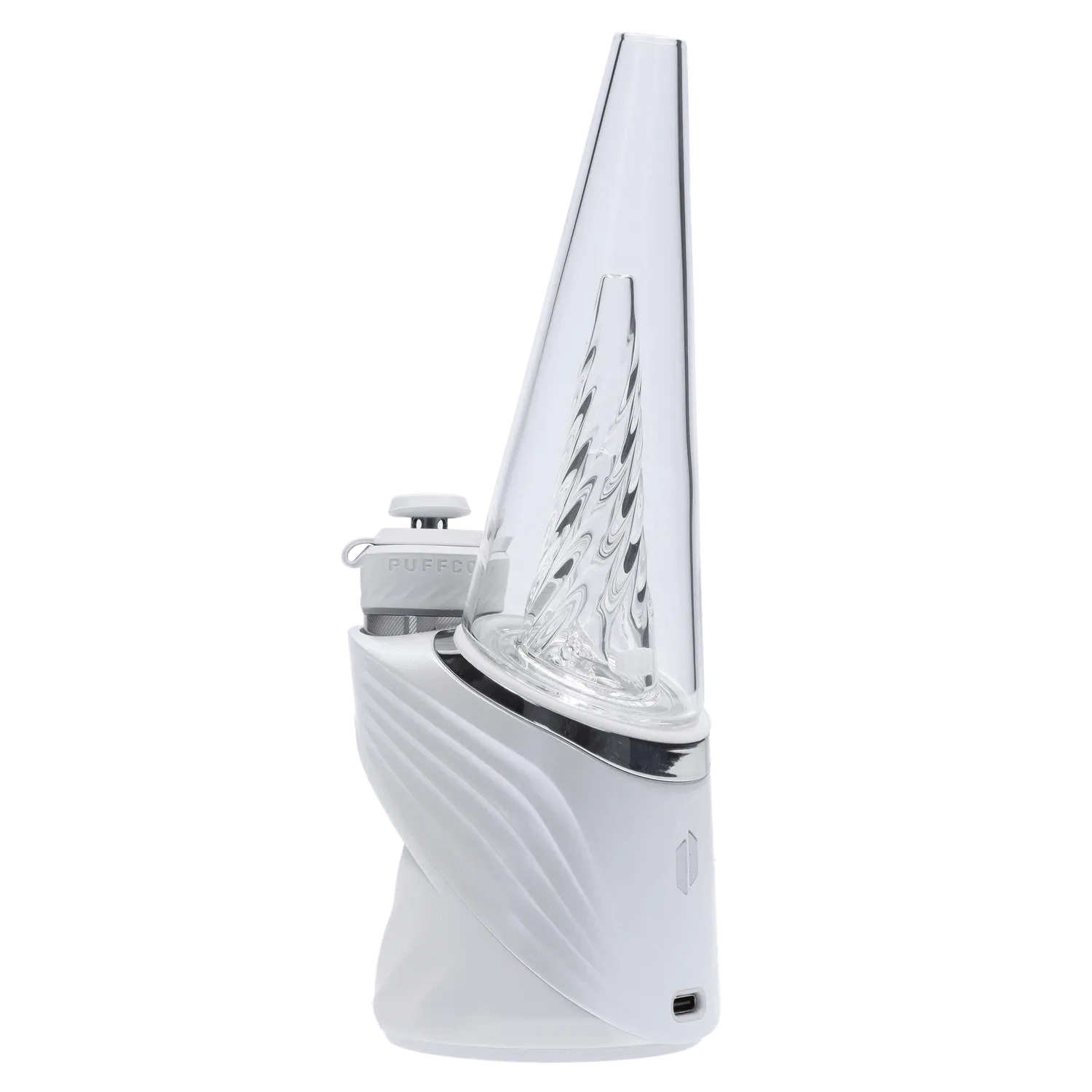 A close-up, angled view of the Puffco Peak Pro - Pearl, showcasing its translucent pearl-colored glass body.