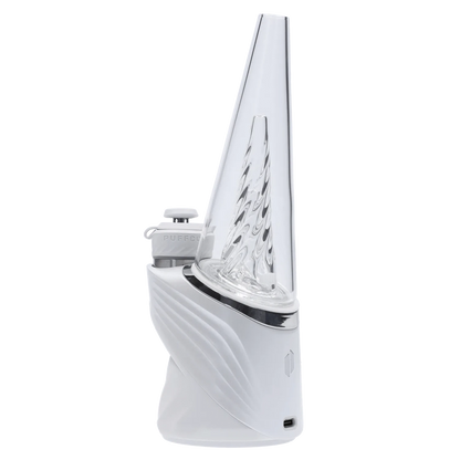 A close-up, angled view of the Puffco Peak Pro - Pearl, showcasing its translucent pearl-colored glass body.