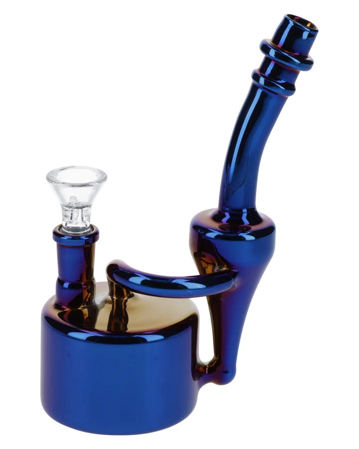 Front view of the 6-inch Electronic Painting Bubbler with bowl, showcasing its iridescent blue glass construction.