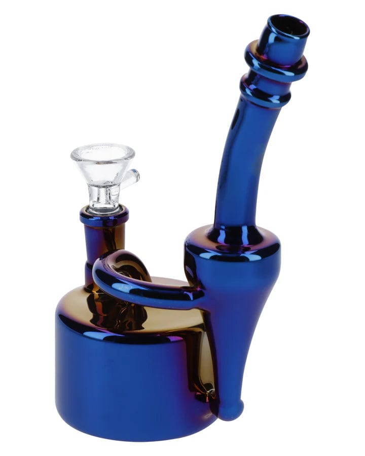 Front view of the 6-inch Electronic Painting Bubbler withBowl & Quartz, displaying an iridescent blue glass bubbler with a visible bowl attachment.