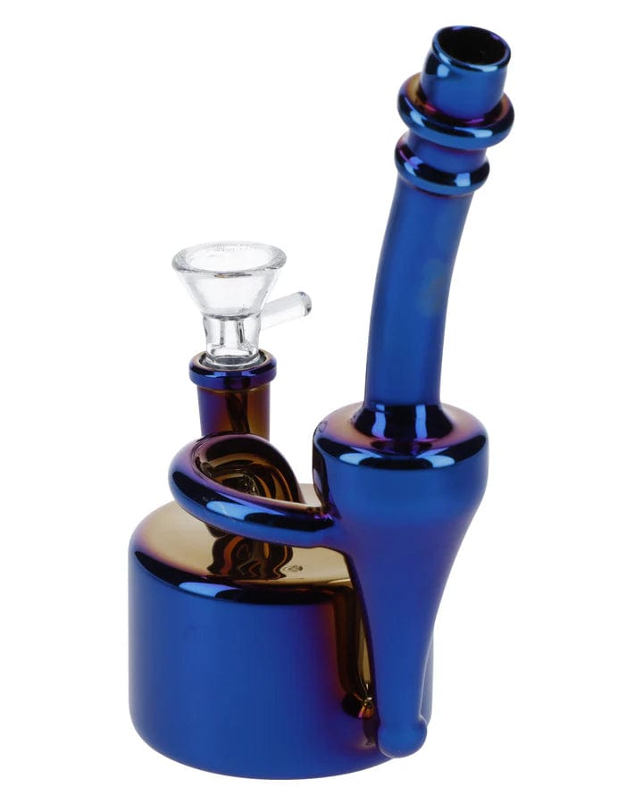 A front view of the 6-inch Electronic Painting Bubbler withBowl & Quartz, showcasing its iridescent blue glass construction.