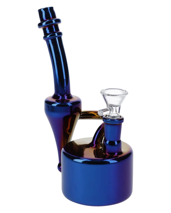 Front view of the 6-inch Electronic Painting Bubbler withBowl & Quartz, showcasing its iridescent blue glass and curved design.