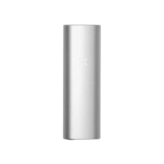 Front view of the Pax Mini Dry Herb Vaporizer in platinum, showcasing its sleek, cylindrical form against a plain white background.