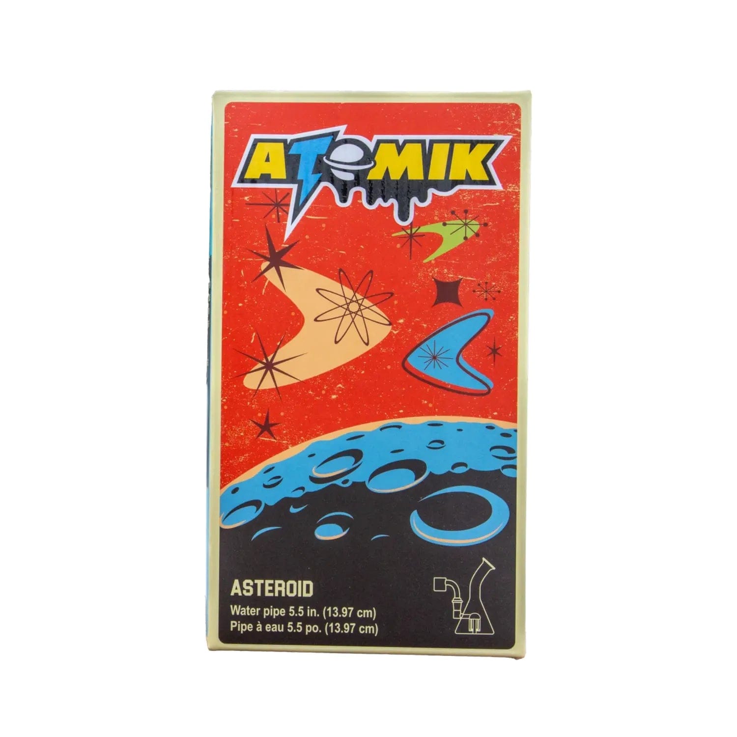 Top-front photo of the colorful Atomik Asteroid Dual Use Water Pipe - 5.5 in. box showing retro space graphics and product text.