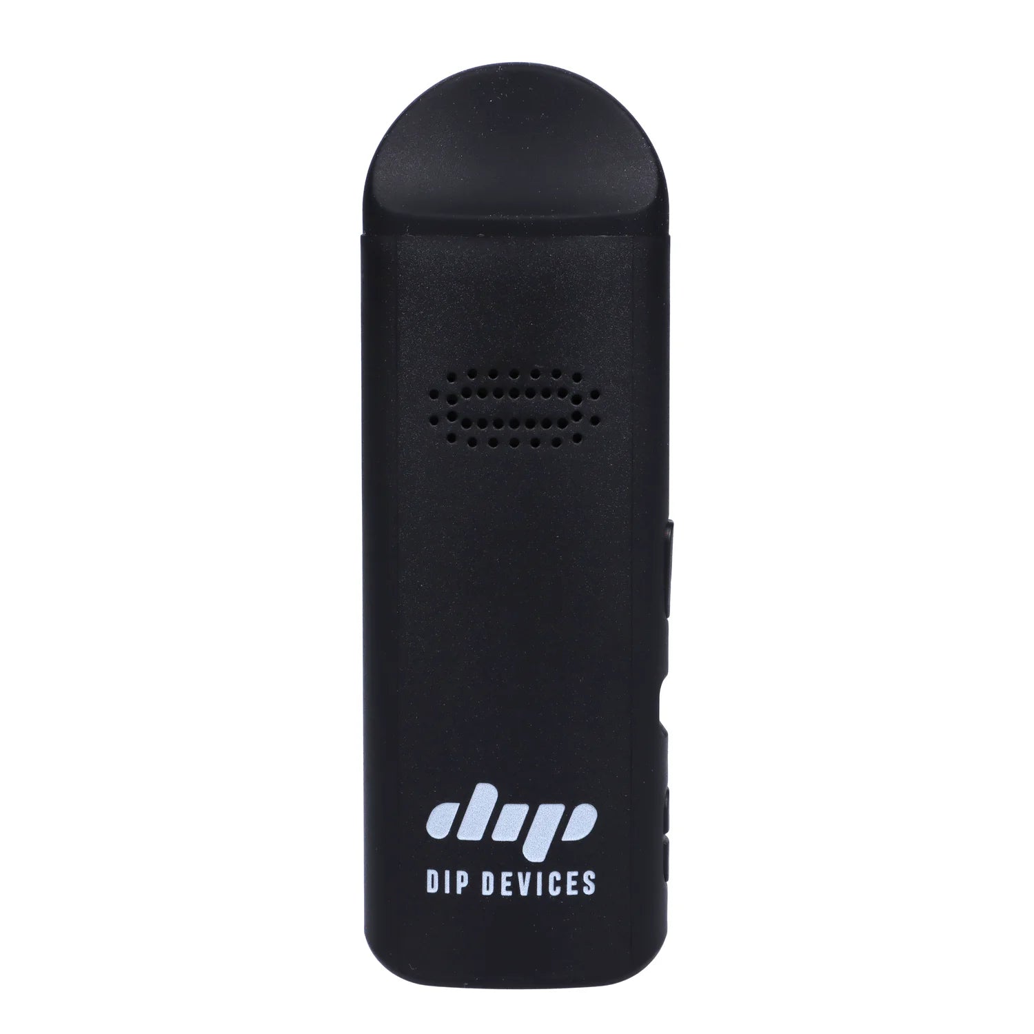 Front view of the black Aster Dry Herb Vaporizer, showcasing its sleek, compact design against a plain white background.