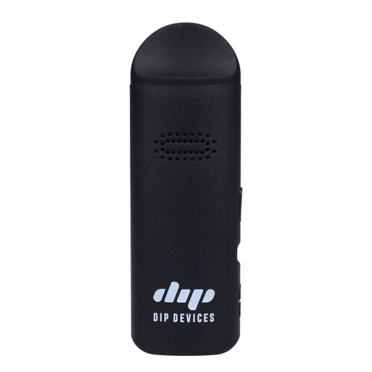 Front view of the black Aster Dry Herb Vaporizer, showcasing its sleek, compact design against a plain white background.