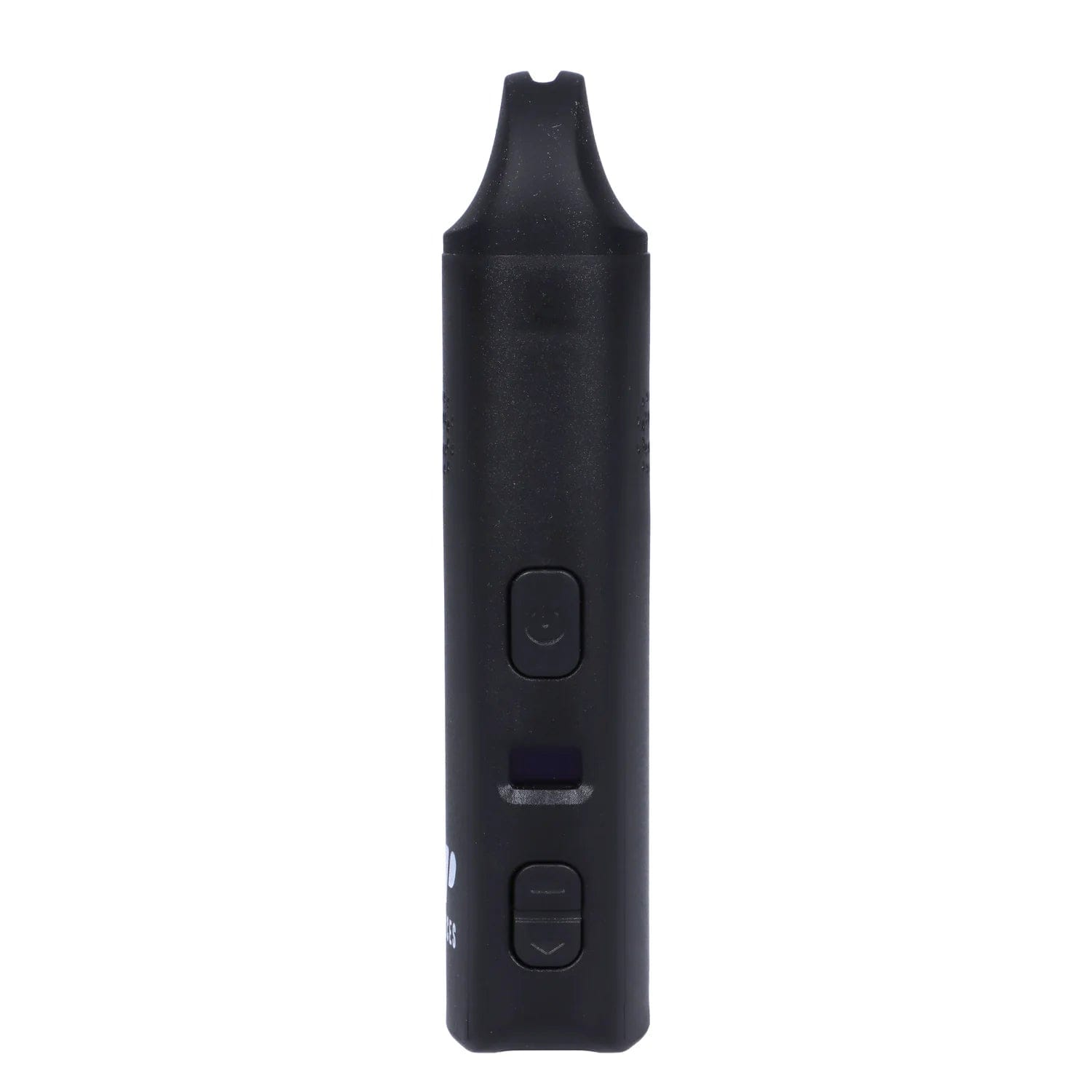 Front view of the black Aster Dry Herb Vaporizer, showing its sleek, minimalist design and button controls.