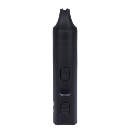 Front view of the black Aster Dry Herb Vaporizer, showing its sleek, minimalist design and button controls.