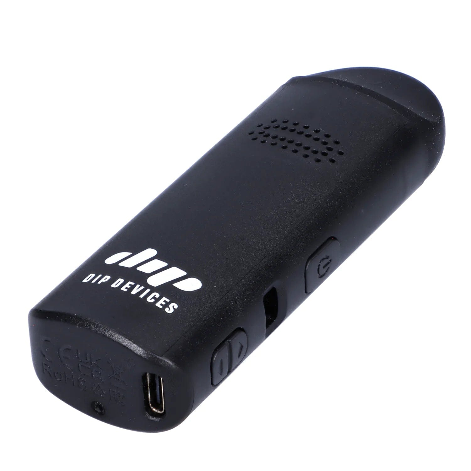 A close-up, angled view of the black Aster Dry Herb Vaporizer, showcasing its sleek, modern design.