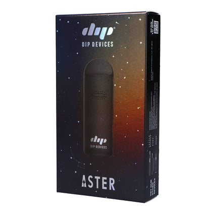 Front view of the black Aster Dry Herb Vaporizer, displaying the sleek device and branding against a dark background.