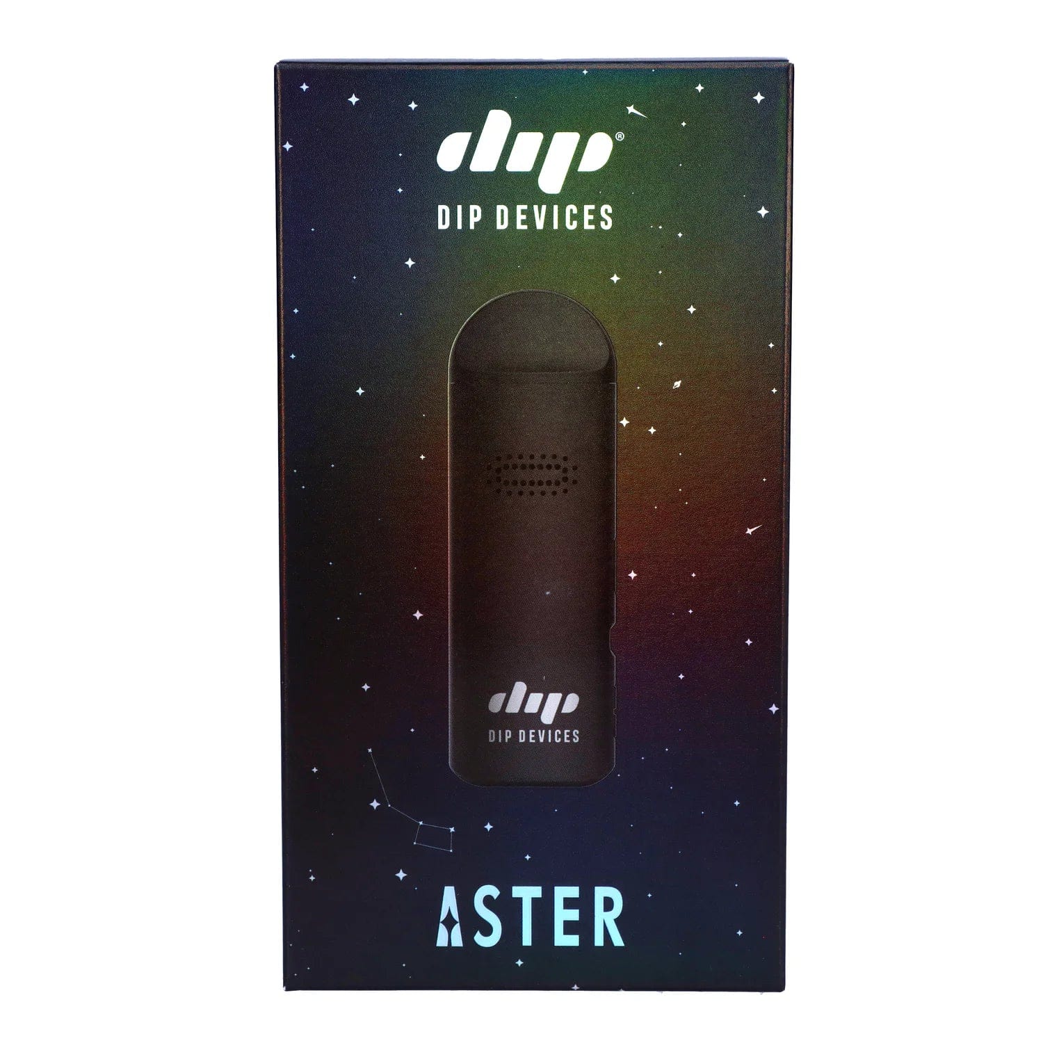 Front view of the black Aster Dry Herb Vaporizer, showcasing its sleek, minimalist design against a dark background.