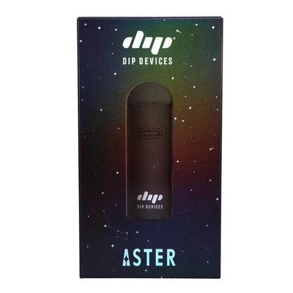 Front view of the black Aster Dry Herb Vaporizer, showcasing its sleek, minimalist design against a dark background.