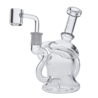 A three-quarter view of the clear 6.8" Hue Mushroom Dab Rig, showcasing its compact mushroom shape and glass joint.