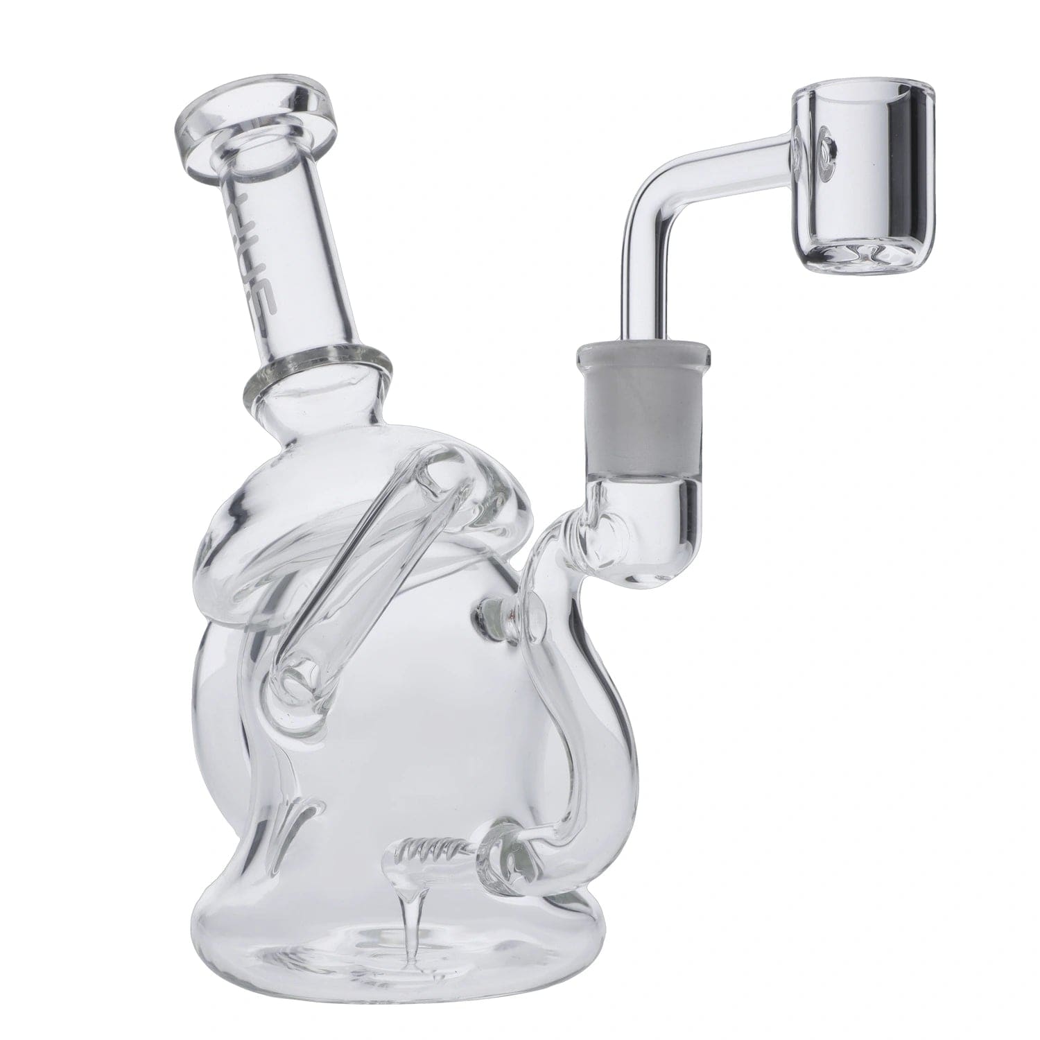 A three-quarter view of the 6.8" Hue Mushroom Dab Rig in clear glass, showcasing its rounded form and smooth lines.