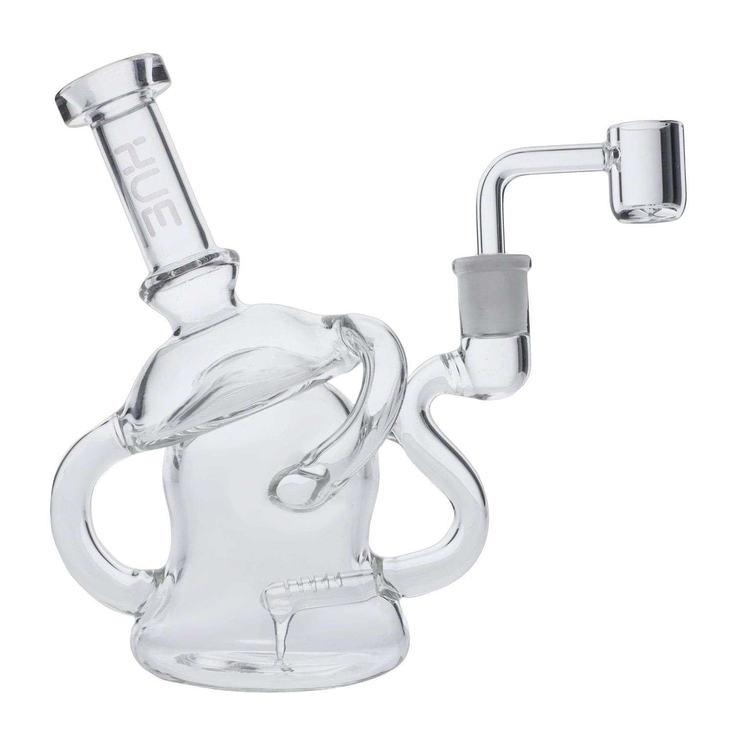 A studio shot of the Hue Mushroom Dab Rig Clear, showcasing its curved design and clear glass construction from a slightly elevated angle.