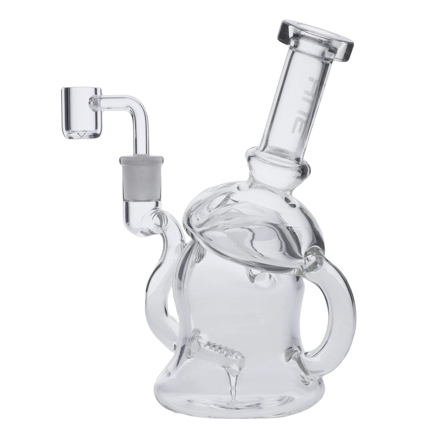 Front view of the Hue Mushroom Dab Rig Clear, a 6.8-inch clear glass rig with a rounded mushroom shape and visible joint.