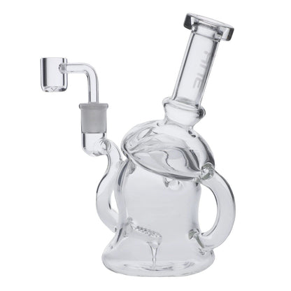 Front view of the Hue Mushroom Dab Rig Clear, a 6.8-inch clear glass rig with a rounded mushroom shape and visible joint.