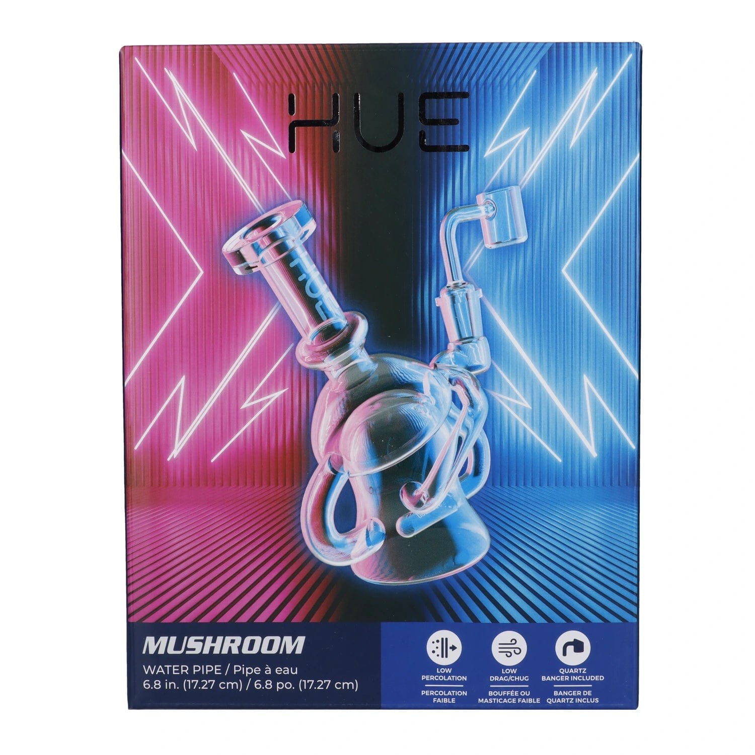 Front view of the 6.8" Hue Mushroom Dab Rig in clear glass, showcasing a complex, swirling design against a vibrant, blurred background.