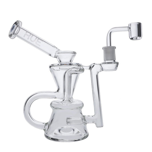 A three-quarter view of the clear 7.5" Hue Hourglass Dab Rig, showcasing its curved design and glass joint.