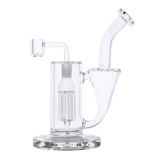 A side view of the 9-inch Hue Whirlpool Dab Rig in clear glass, showcasing its intricate percolator design.