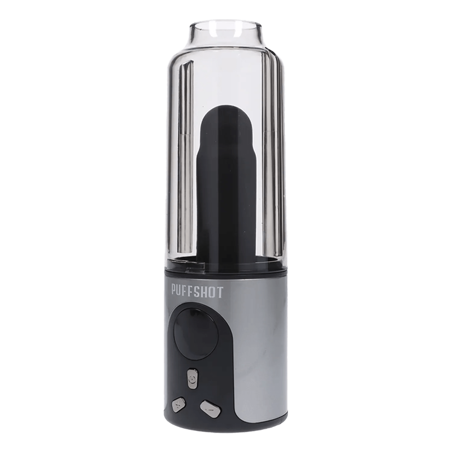 Front view of the Puffshot Portable 510 Vape Cup in grey, showing its cylindrical shape and sleek, modern design.
