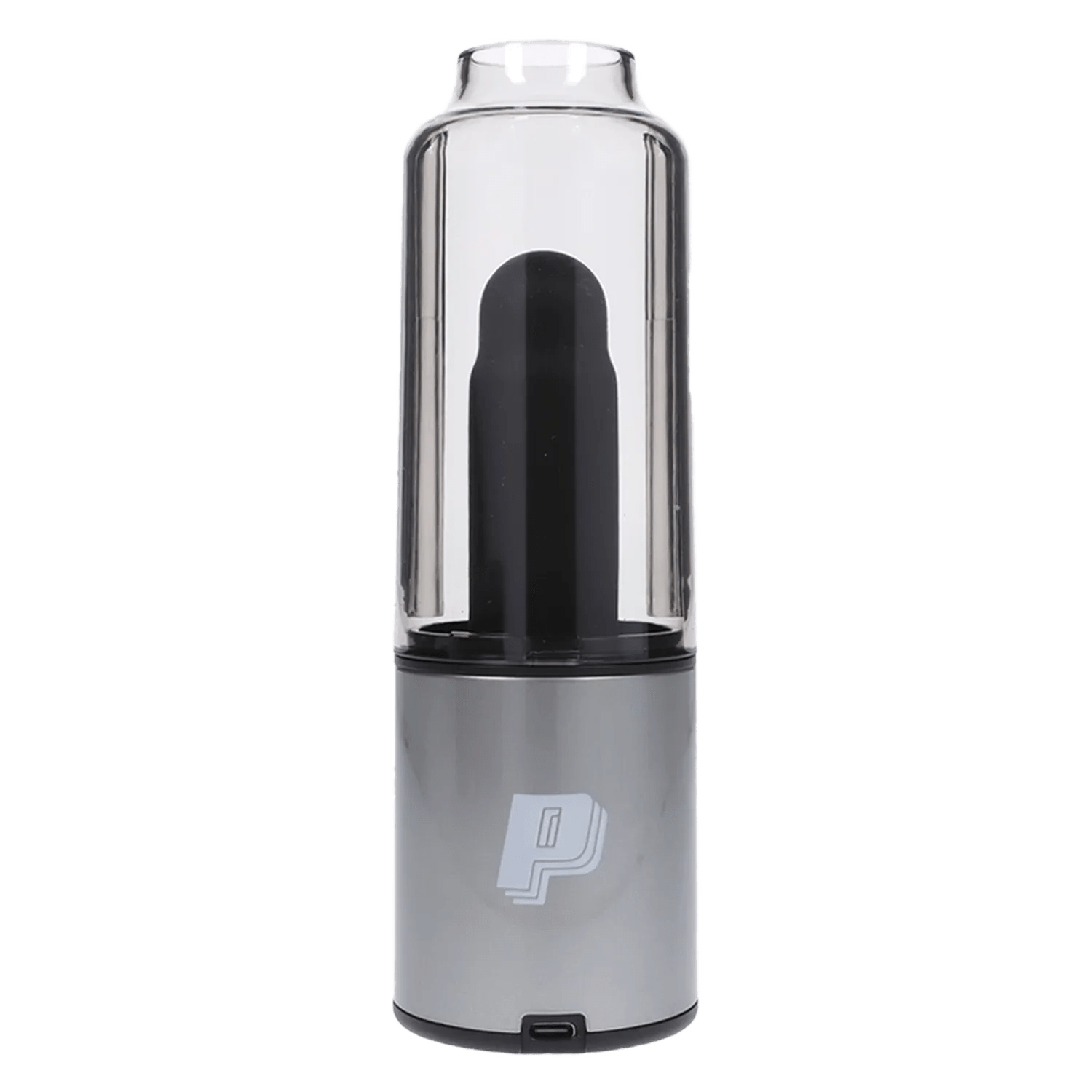 A front view of the grey Puffshot Portable 510 Vape Cup, showing its cylindrical shape and sleek design against a plain white backdrop.