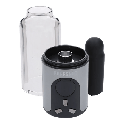 A studio shot of the Puffshot Portable 510 Vape Cup in grey, viewed from a slight angle, showcasing its cylindrical shape.