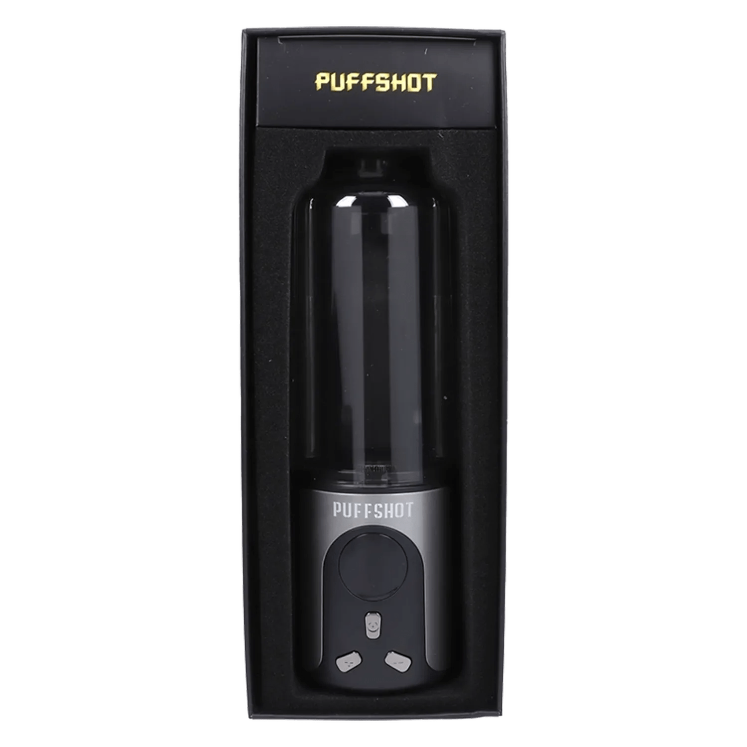 A front view of the Puffshot Portable 510 Vape Cup in grey, presented in a black box.
