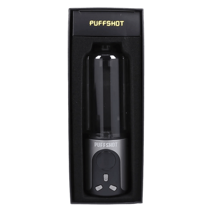 A front view of the Puffshot Portable 510 Vape Cup in grey, presented in a black box.