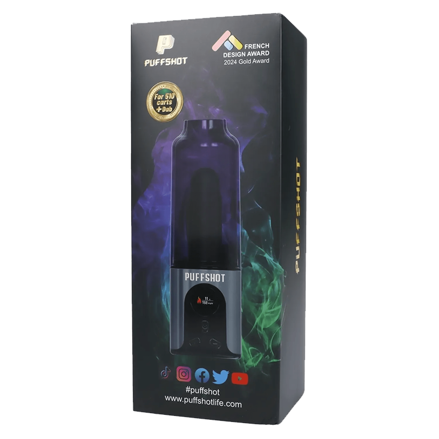 Front view of the Puffshot Portable 510 Vape Cup in grey, displaying a graphic with branding and award information.