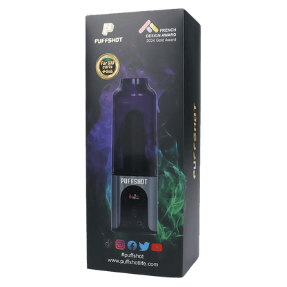 Front view of the Puffshot Portable 510 Vape Cup in grey, displaying a graphic with branding and award information.