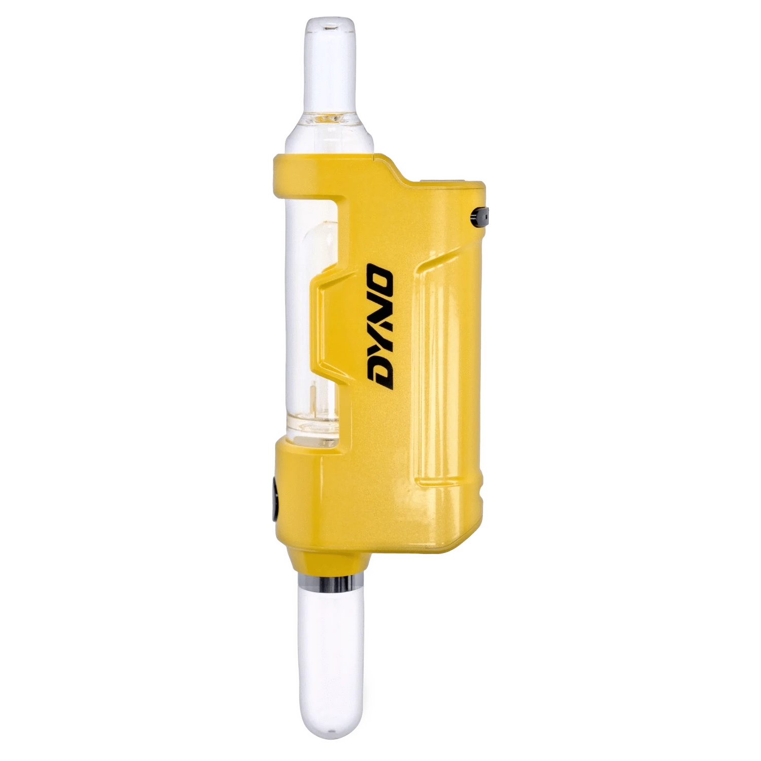 Close-up side view of the yellow Yocan Dyno Kit Yellow showing its glossy plastic body, visible glass chamber, and white mouthpiece.