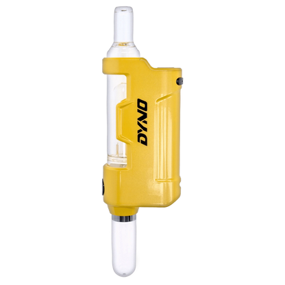 Close-up side view of the yellow Yocan Dyno Kit Yellow showing its glossy plastic body, visible glass chamber, and white mouthpiece.