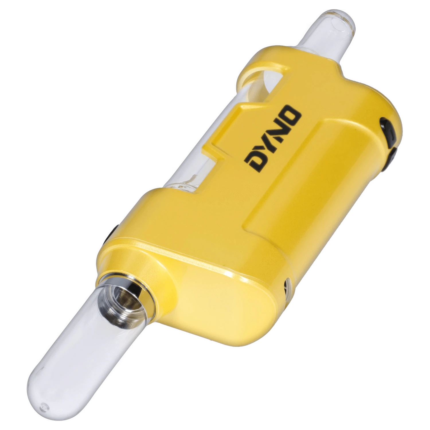 Angled close-up of the yellow Yocan Dyno Kit Yellow showing its glossy body, clear glass mouthpiece, and bold DYNO logo.
