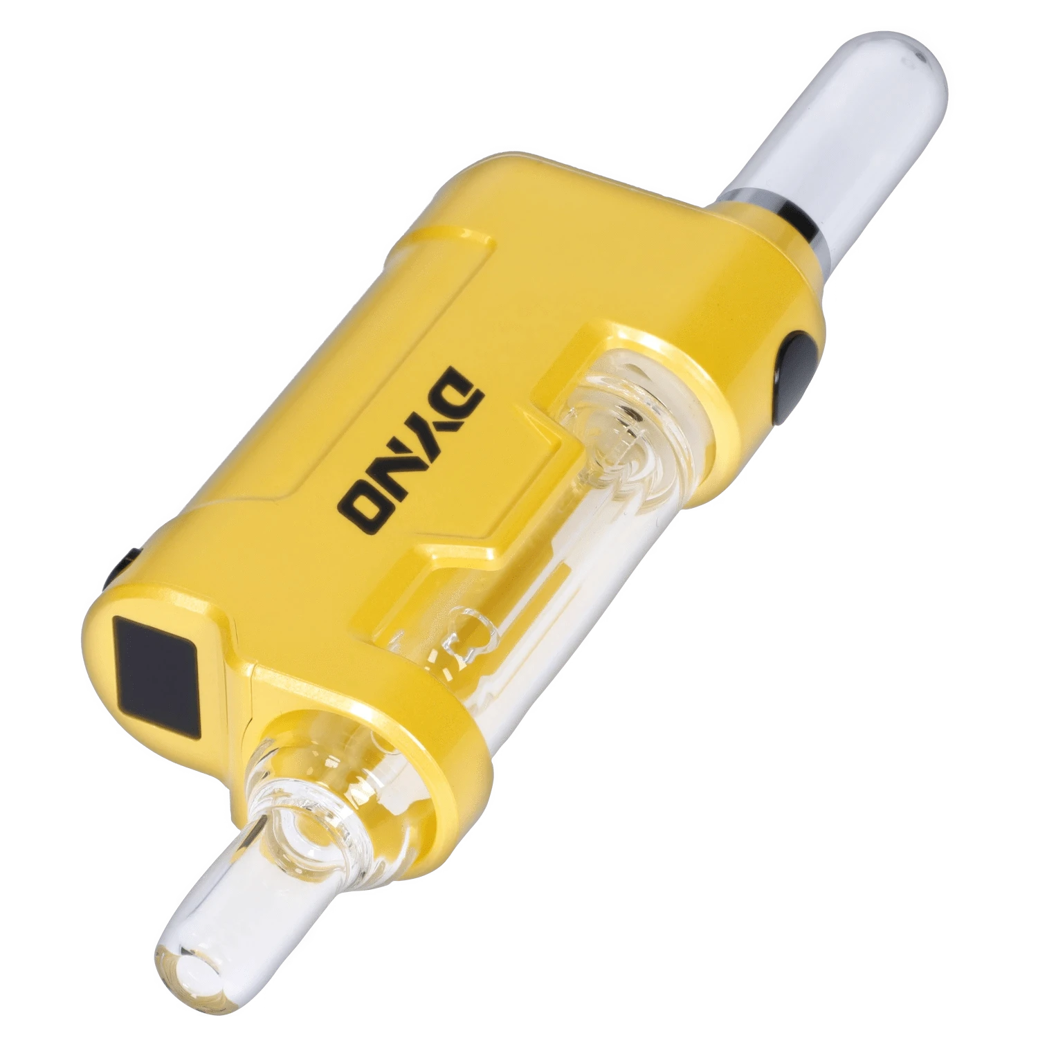 Angled close-up of the yellow Yocan Dyno Kit Yellow showing its rectangular body, clear glass mouthpiece, and black logo.