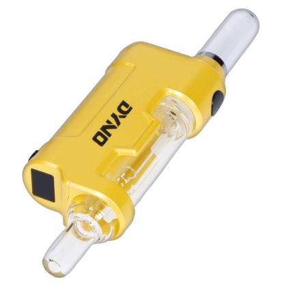 Angled close-up of the yellow Yocan Dyno Kit Yellow showing its rectangular body, clear glass mouthpiece, and black logo.