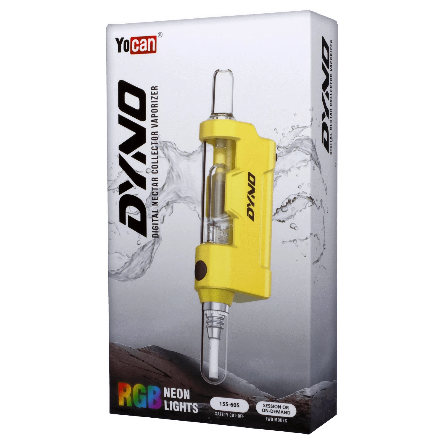 Angled close-up of the yellow Yocan Dyno Kit Yellow nectar collector against a white background with splashing water graphics.