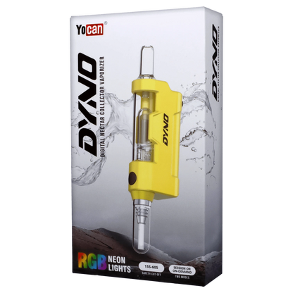 Angled close-up of the yellow Yocan Dyno Kit Yellow nectar collector against a white background with splashing water graphics.