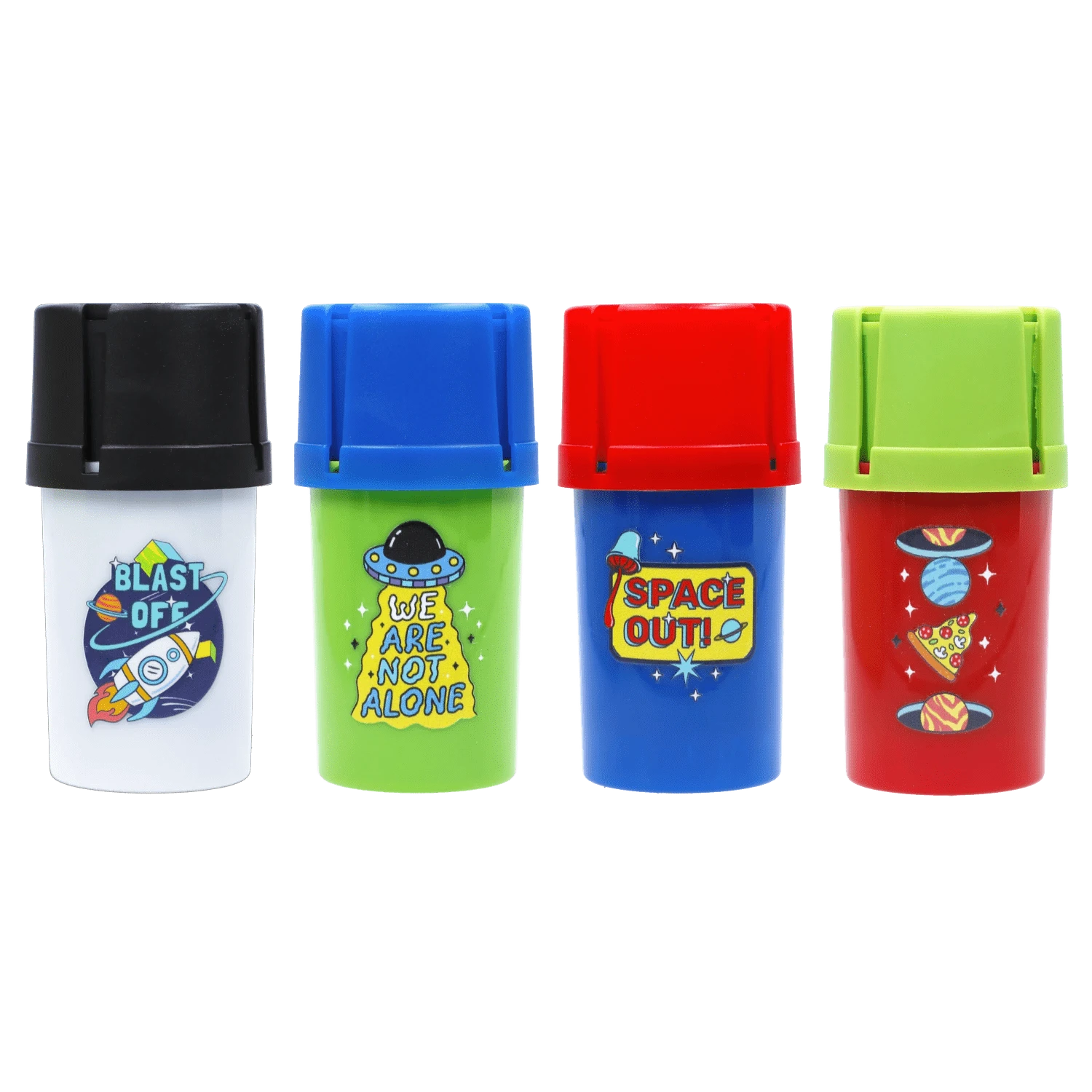 Front-facing row of four colorful mini canisters featuring the Atomik Grind & Stash branding, each with a different space-themed sticker and contrasting lid colors.